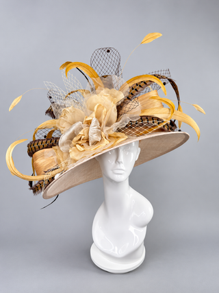 “CAMEL TOBACCO” NUDE WIDE BRIM KENTUCKY DERBY HAT WITH PHEASANT FEATHERS