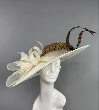IVORY WIDE BRIM HAT WITH PHEASANT FEATHERS