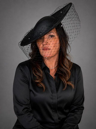 BLACK SATIN FORMAL FASCINATOR WITH RHINESTONE VEIL ON HEADBAND