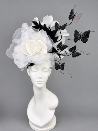 BLACK TIE AFFAIR - WHITE ROSE WITH BLACK BUTTERFLIES FASCINATOR