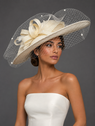 WIDE BRIM BRIDAL HAT WITH VEIL - OFF WHITE