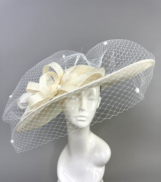 WIDE BRIM BRIDAL HAT WITH VEIL - OFF WHITE