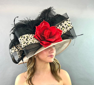 ANIMAL PRINT KENTUCKY DERBY HAT WITH RED BLOOM - The Hat Hive