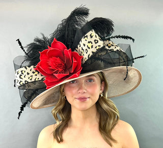 ANIMAL PRINT KENTUCKY DERBY HAT WITH RED BLOOM - The Hat Hive