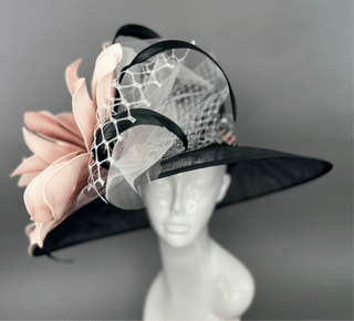 BLACK AND BLUSH PINK BLOOM WIDE BRIM HAT - The Hat Hive