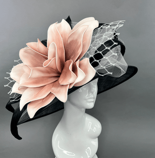 BLACK AND BLUSH PINK BLOOM WIDE BRIM HAT - The Hat Hive