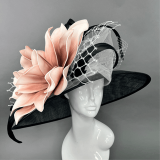BLACK AND BLUSH PINK BLOOM WIDE BRIM HAT - The Hat Hive
