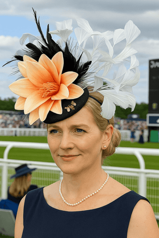 BLACK AND WHITE FEATHER FASCINATOR WITH PEACH BLOOM - The Hat Hive