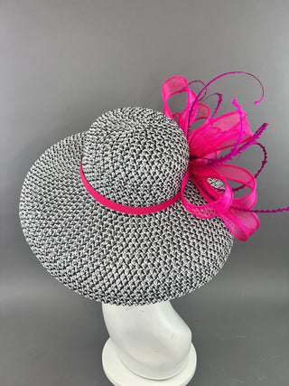 BLACK AND WHITE ROUND BRIM WITH FUCHSIA BOW. - The Hat Hive