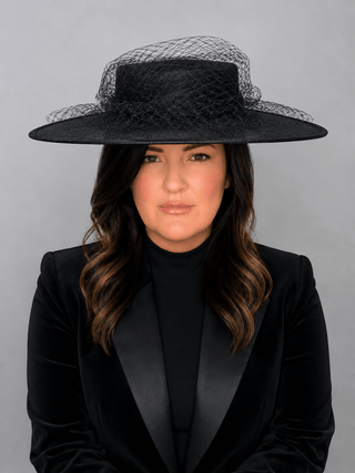 BLACK BOATER HAT WITH NETTING BOW - The Hat Hive