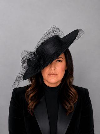 BLACK BOATER HAT WITH NETTING BOW - The Hat Hive