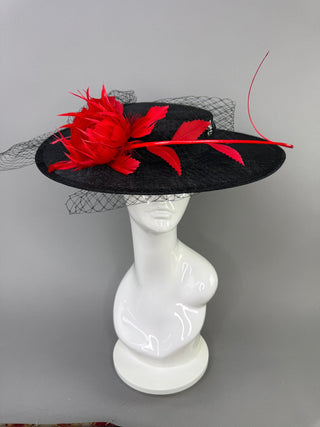 BLACK BOATER HAT WITH RED FEATHER ROSE. - The Hat Hive