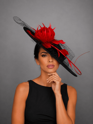 BLACK BOATER HAT WITH RED FEATHER ROSE. - The Hat Hive