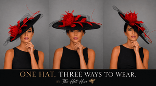 BLACK BOATER HAT WITH RED FEATHER ROSE. - The Hat Hive