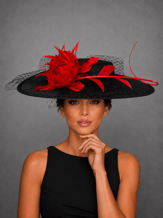 BLACK BOATER HAT WITH RED FEATHER ROSE. - The Hat Hive