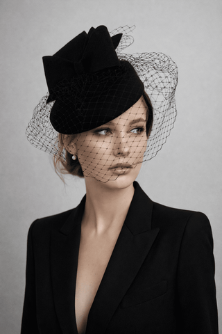 BLACK BOW FORMAL WOOL FASCINATOR WITH VEIL ON HEADBAND - The Hat Hive