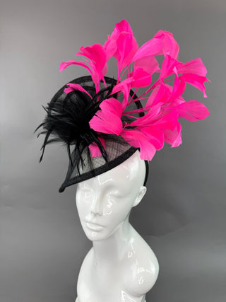 BLACK & CANDY PINK FASCINATOR ON HEADBAND - The Hat Hive