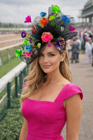 BLACK CRINOLINE FASCINATOR WITH MULTICOLOR ROSES - The Hat Hive