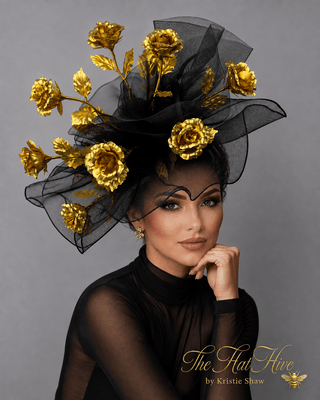 BLACK CRINOLINE GOLD ROSE BOUQUET FASCINATOR - The Hat Hive