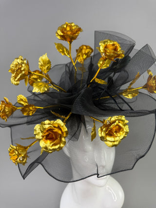 BLACK CRINOLINE GOLD ROSE BOUQUET FASCINATOR - The Hat Hive