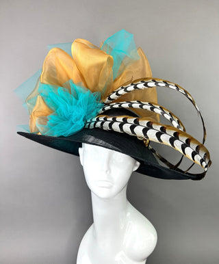 BLACK DERBY HAT WITH TURQUOISE AND RUSTY GOLD - The Hat Hive