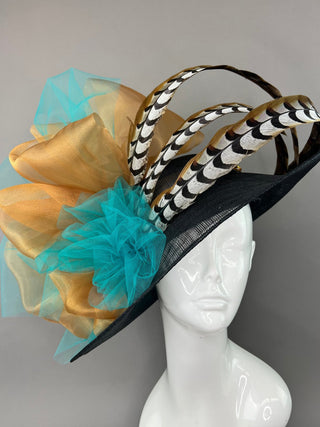 BLACK DERBY HAT WITH TURQUOISE AND RUSTY GOLD - The Hat Hive