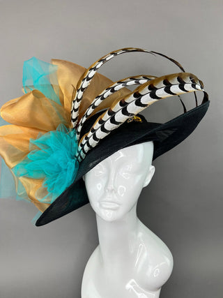 BLACK DERBY HAT WITH TURQUOISE AND RUSTY GOLD - The Hat Hive