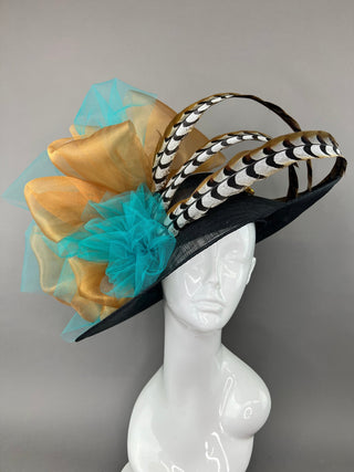 BLACK DERBY HAT WITH TURQUOISE AND RUSTY GOLD - The Hat Hive