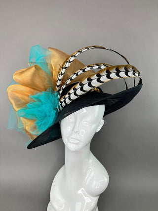 BLACK DERBY HAT WITH TURQUOISE AND RUSTY GOLD - The Hat Hive
