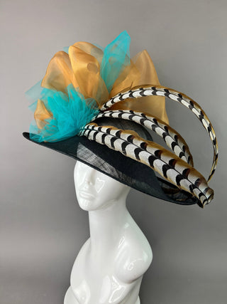 BLACK DERBY HAT WITH TURQUOISE AND RUSTY GOLD - The Hat Hive