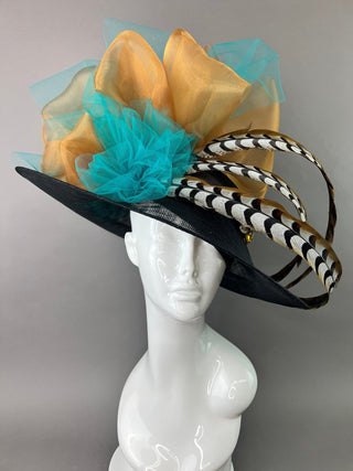 BLACK DERBY HAT WITH TURQUOISE AND RUSTY GOLD - The Hat Hive