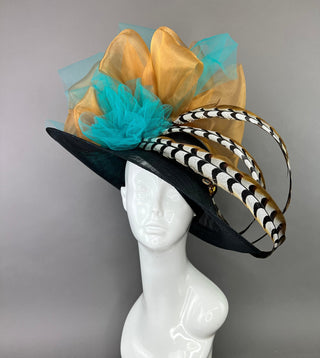 BLACK DERBY HAT WITH TURQUOISE AND RUSTY GOLD - The Hat Hive