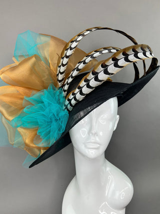BLACK DERBY HAT WITH TURQUOISE AND RUSTY GOLD - The Hat Hive