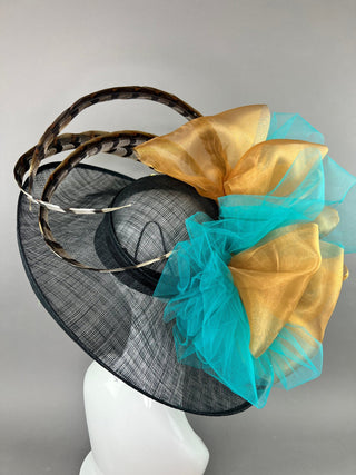 BLACK DERBY HAT WITH TURQUOISE AND RUSTY GOLD - The Hat Hive