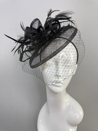 BLACK FASCINATOR WITH VEIL ON HEADBAND - The Hat Hive