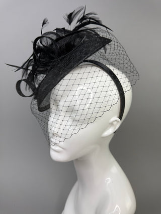 BLACK FASCINATOR WITH VEIL ON HEADBAND - The Hat Hive