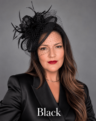 BLACK FASCINATOR WITH VEIL ON HEADBAND - The Hat Hive
