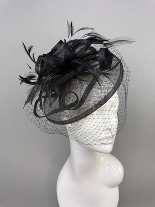 BLACK FASCINATOR WITH VEIL ON HEADBAND - The Hat Hive