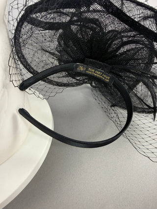 BLACK FASCINATOR WITH VEIL ON HEADBAND - The Hat Hive