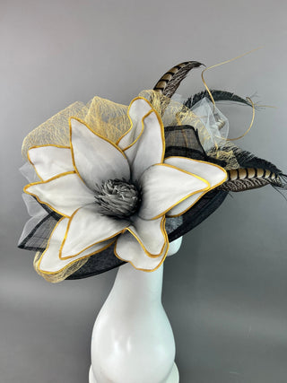 BLACK FLIPPED BRIM WITH GREY AND GOLD BLOOM - The Hat Hive