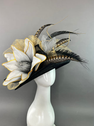BLACK FLIPPED BRIM WITH GREY AND GOLD BLOOM - The Hat Hive
