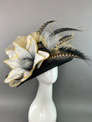 BLACK FLIPPED BRIM WITH GREY AND GOLD BLOOM - The Hat Hive