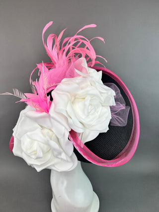 BLACK FLOPPY WITH WHITE ROSES AND PINK ACCENTS - The Hat Hive