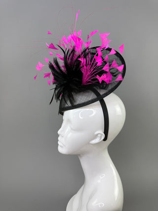 BLACK & HOT PINK FASCINATOR ON HEADBAND - The Hat Hive