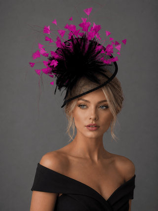 BLACK & HOT PINK FASCINATOR ON HEADBAND - The Hat Hive