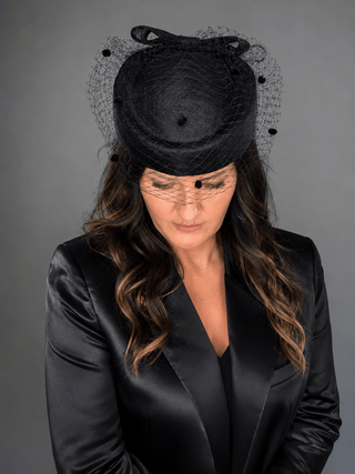 BLACK PILLBOX FORMAL FASCINATOR WITH VEIL ON HEADBAND - The Hat Hive