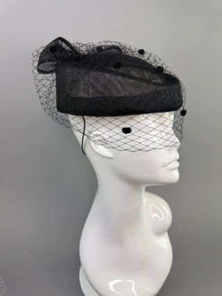 BLACK PILLBOX FORMAL FASCINATOR WITH VEIL ON HEADBAND - The Hat Hive