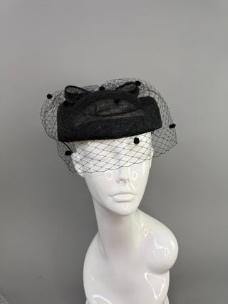 BLACK PILLBOX FORMAL FASCINATOR WITH VEIL ON HEADBAND - The Hat Hive