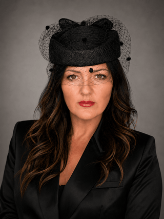 BLACK PILLBOX FORMAL FASCINATOR WITH VEIL ON HEADBAND - The Hat Hive