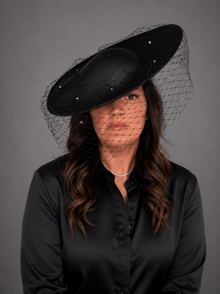 BLACK SATIN FORMAL FASCINATOR WITH RHINESTONE VEIL ON HEADBAND - The Hat Hive